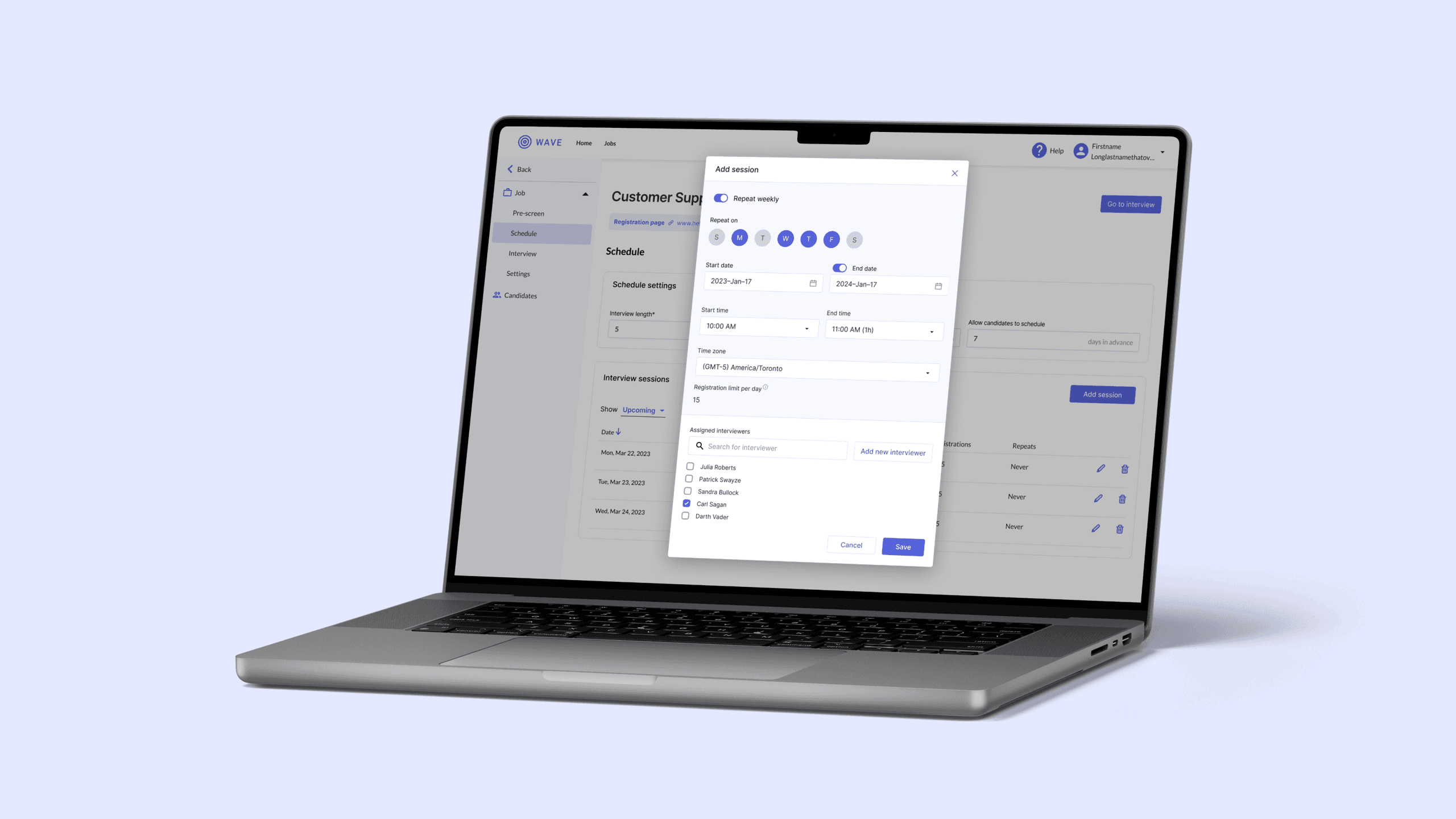 The recurring interview session scheduling dialog, shown on a laptop.