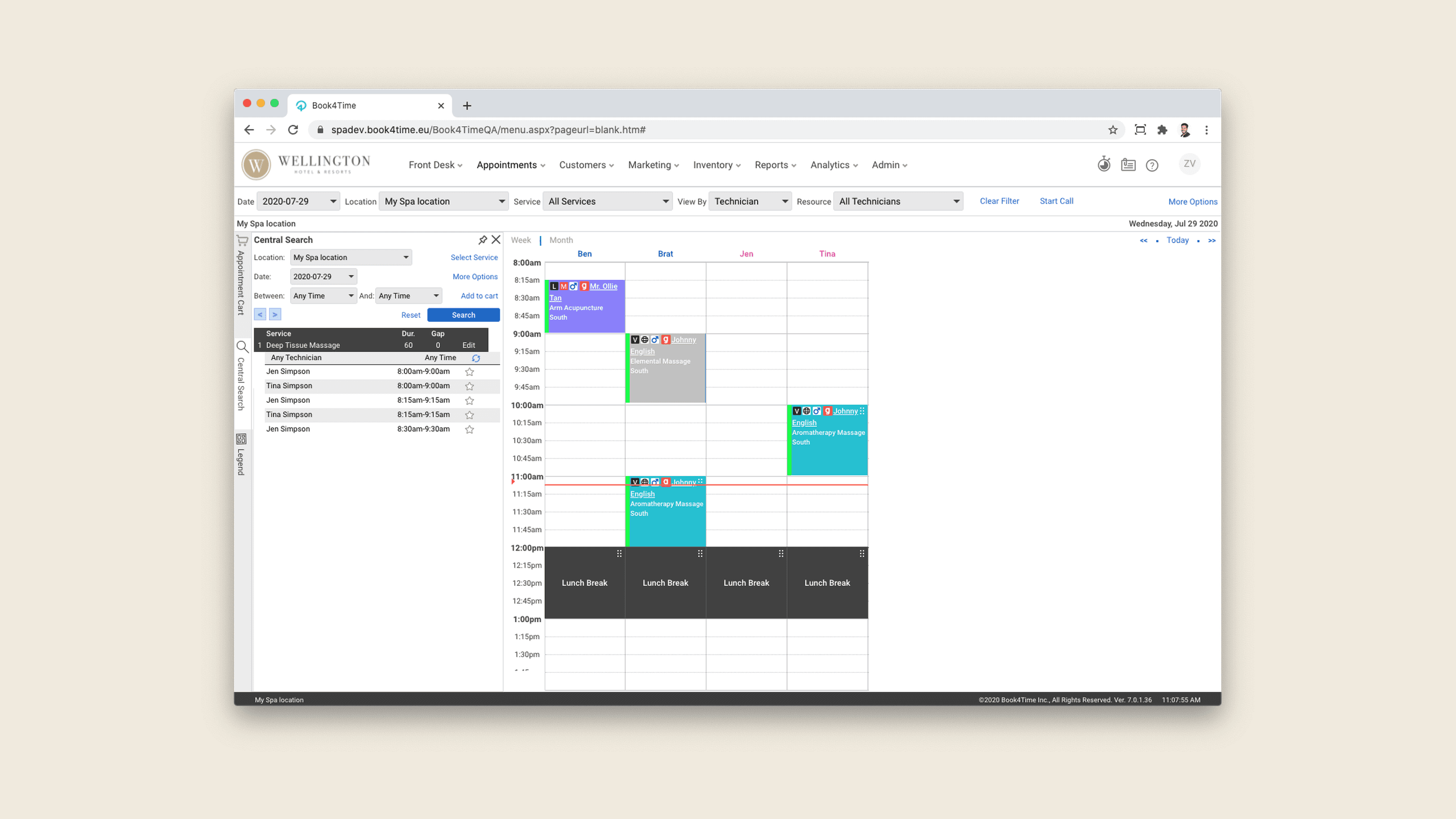 The Book4Time appointment scheduler after the refresh, showing technician columns, booked treatments and the Central Search panel.