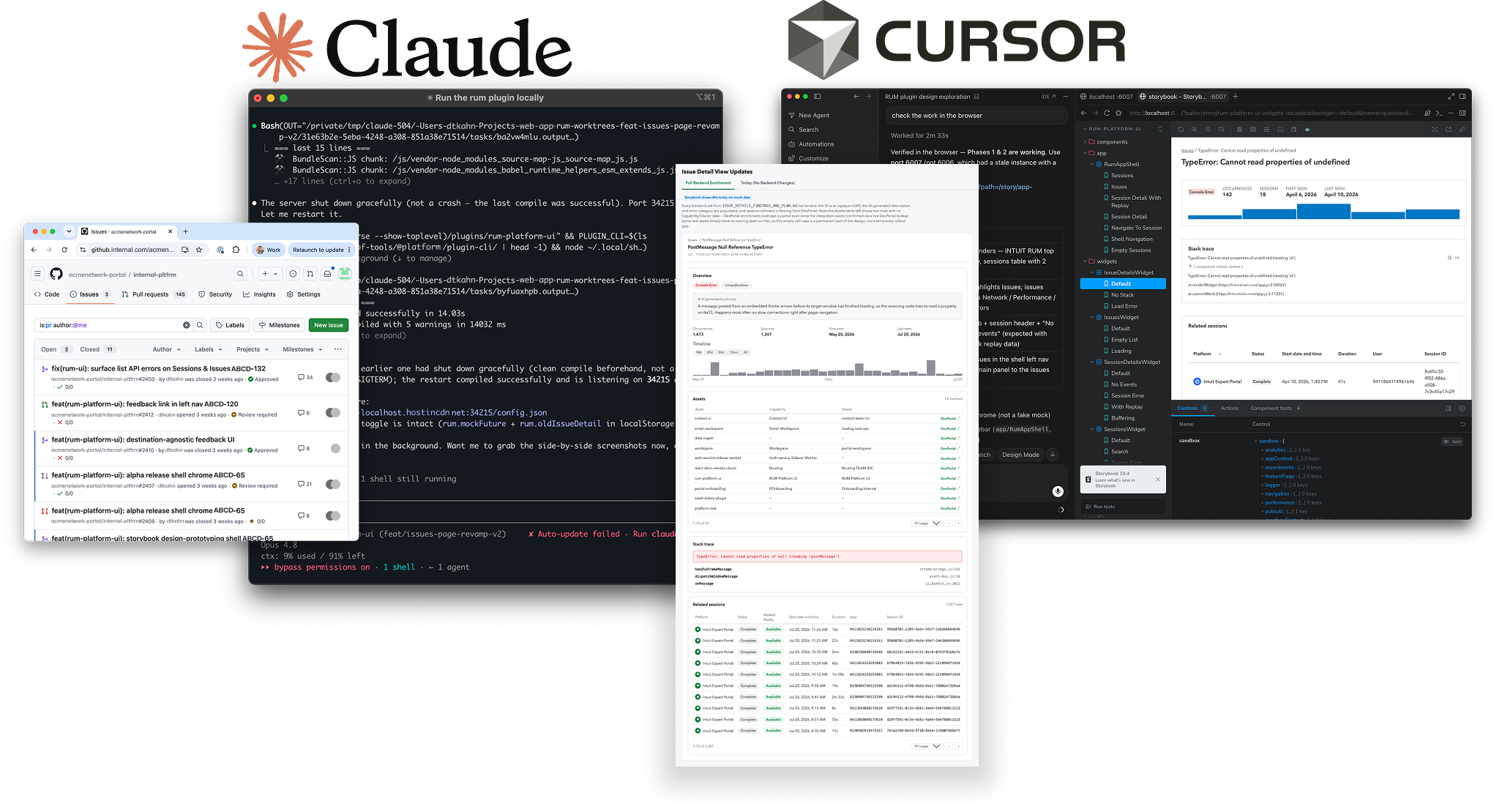 Overlapping application windows under the Claude and Cursor wordmarks: a terminal filled with command output, a code editor sitting beside a component browser, a tall web page of issue detail, and a list of pull requests.