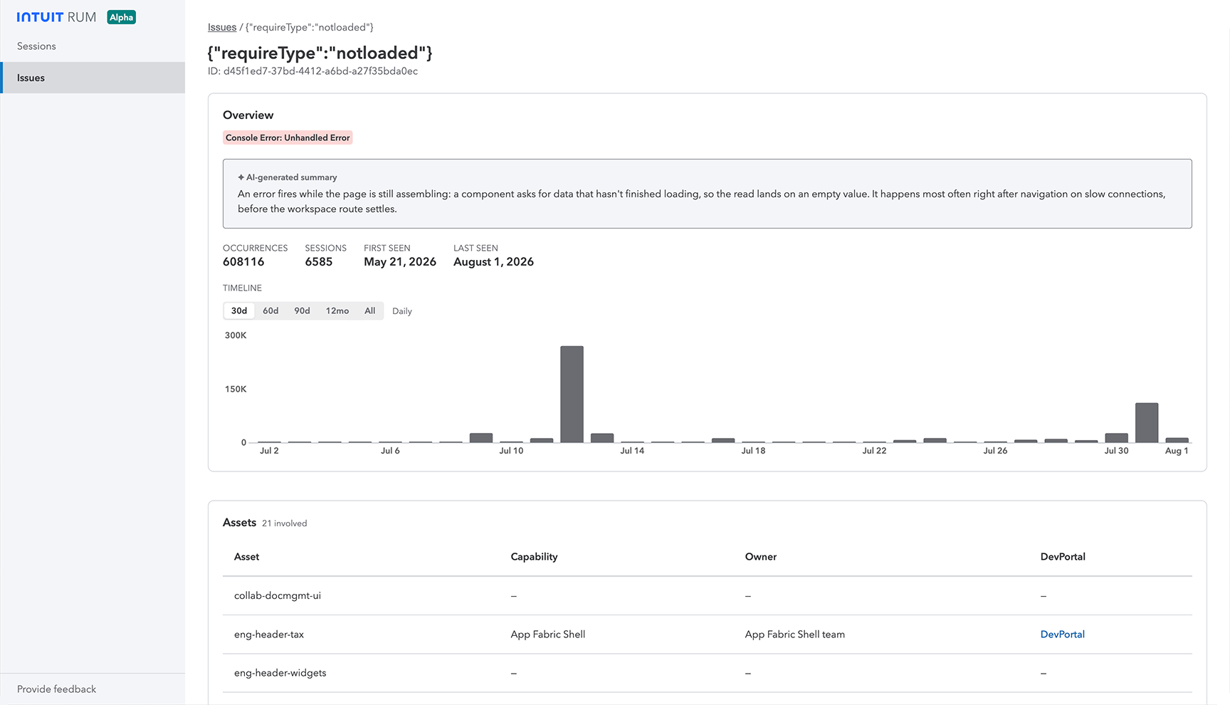 The same page after. An Overview card leads with a written summary of the error, then the counts, then a daily bar chart of occurrences. An assets table below it carries capability, owner, and developer portal columns.