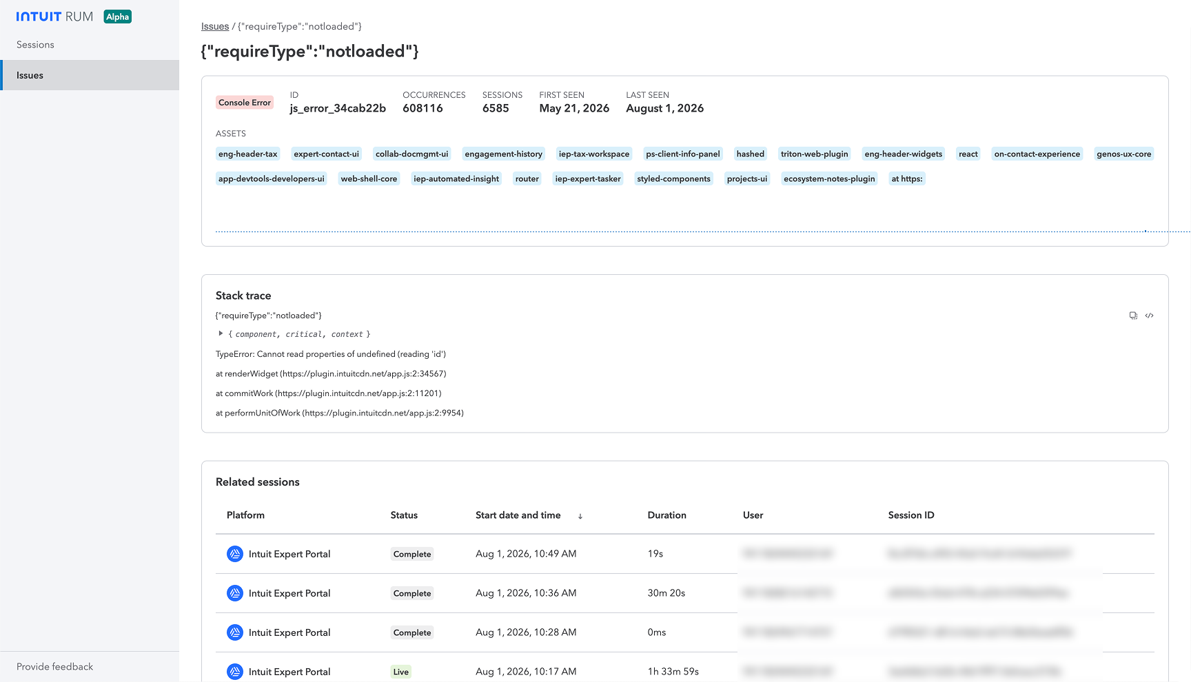 The issues detail page before the rework. One card holds an error label, an identifier, occurrence and session counts, first and last seen dates, and two rows of asset chips. A stack trace card and a related sessions table sit below it.