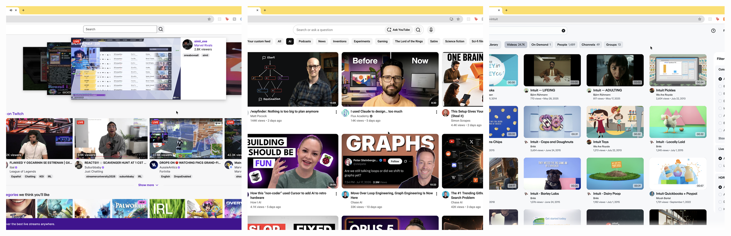 Three browser windows side by side: a Twitch stream page with chat and a viewer count, a YouTube feed of video thumbnails, and a Vimeo search results page.