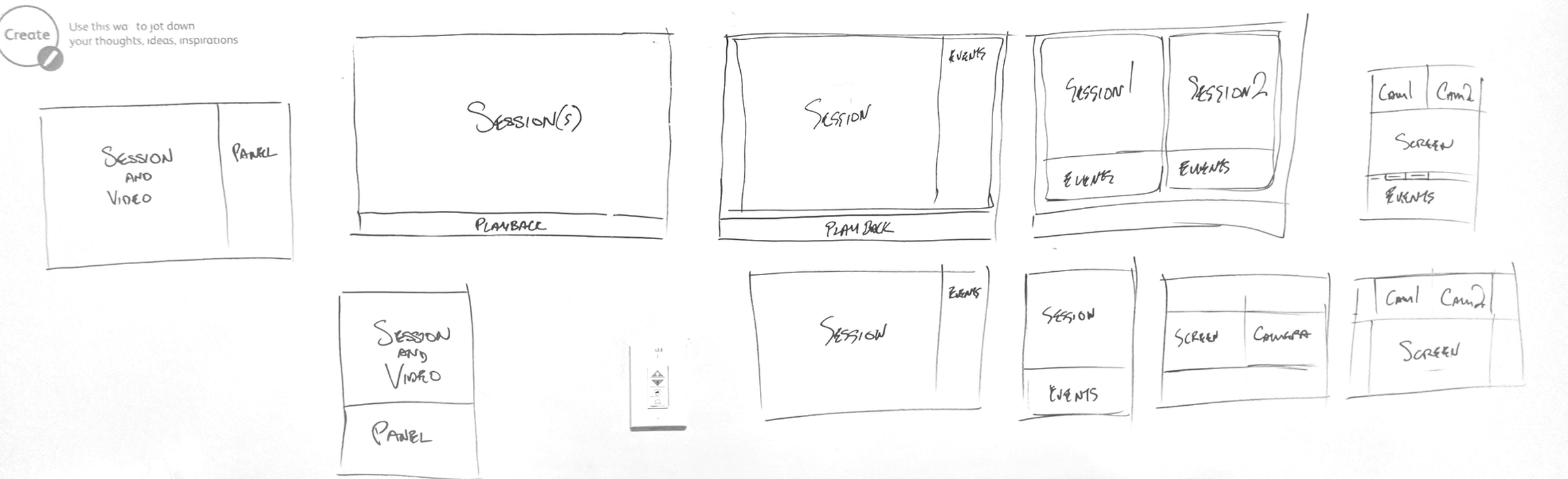 Ten quick wireframes drawn on a whiteboard in two rows. Each is a different arrangement of a session recording, one or two camera views, an events list, and a side panel.