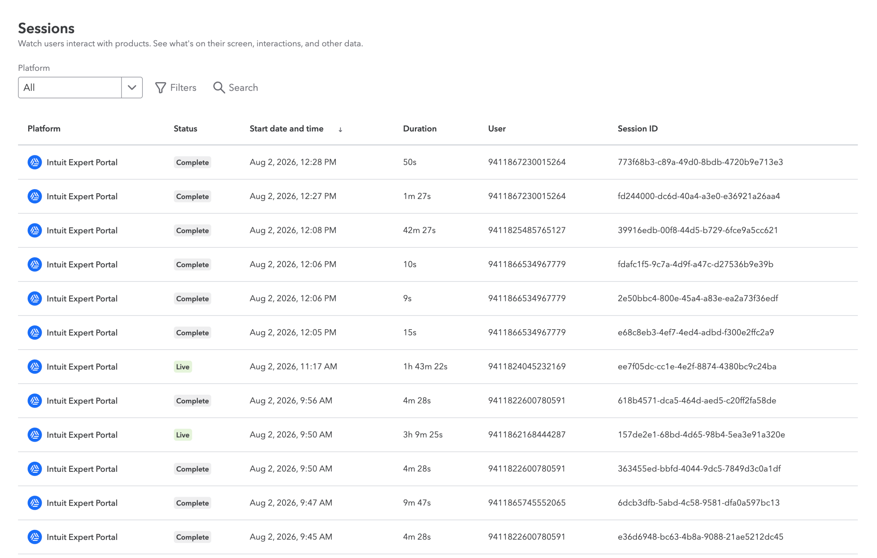 The same list after. A header reads Sessions with a platform filter and search. Rows carry a platform icon, status, start date and time, duration, user, and session ID in aligned columns.