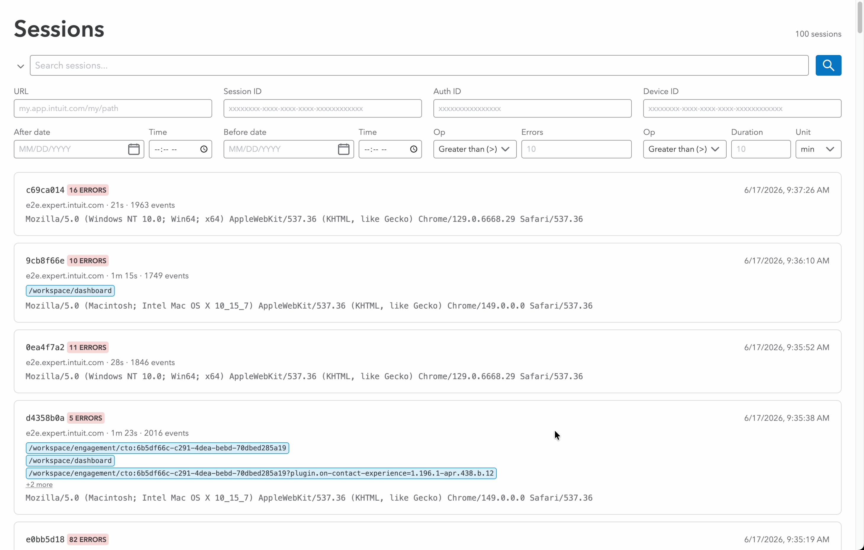 The sessions list before the pass. A dense filter bar of URL, Session ID, Auth ID, Op, and date fields sits above rows of raw browser session strings, each with a full URL, a user agent string, and an error count badge.