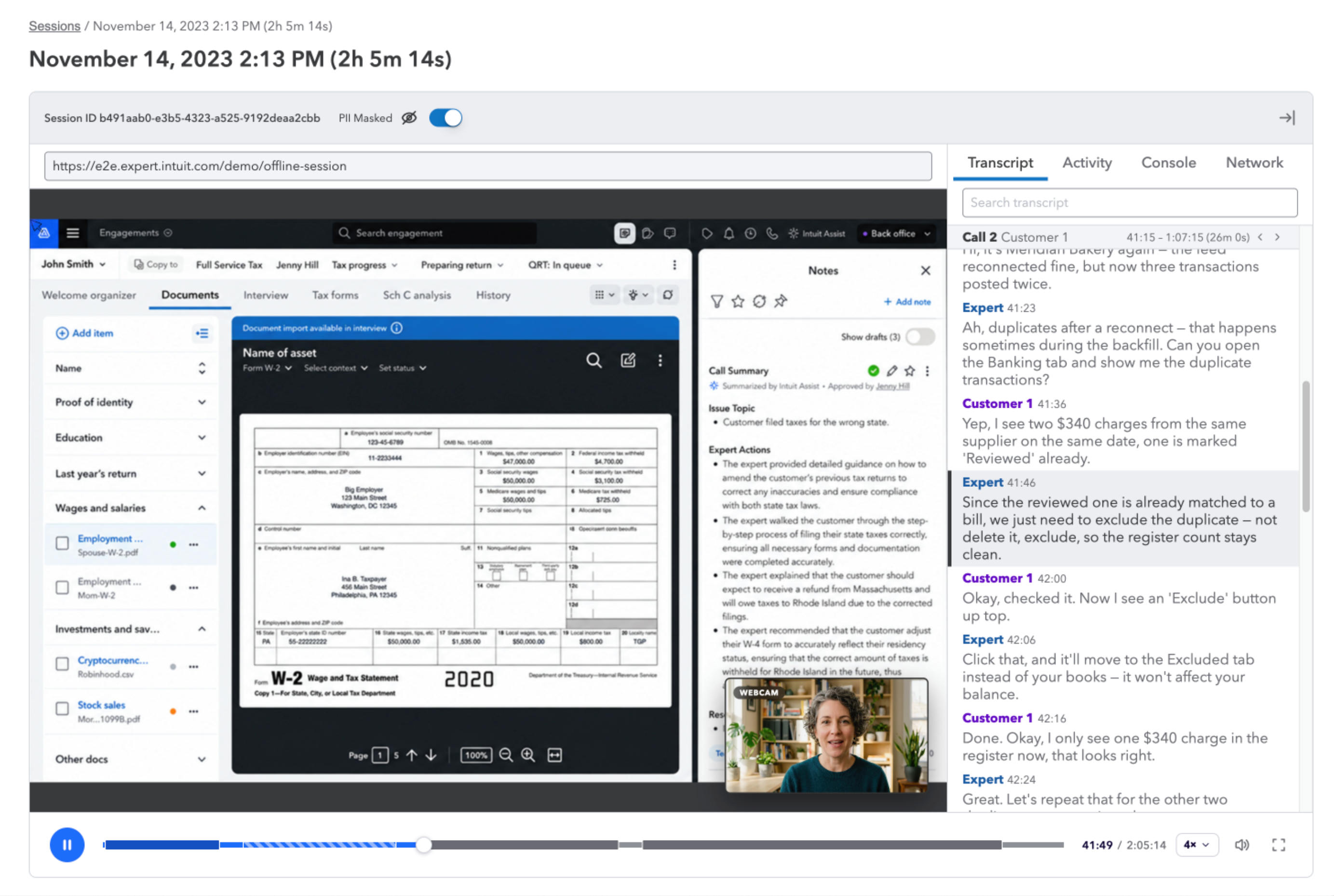 The session view after. A document the customer is viewing fills the center. On the right, a single panel with Transcript, Activity, Console, and Network tabs shows a live call transcript beside a video feed of the Expert. Nothing on the page requires scrolling.