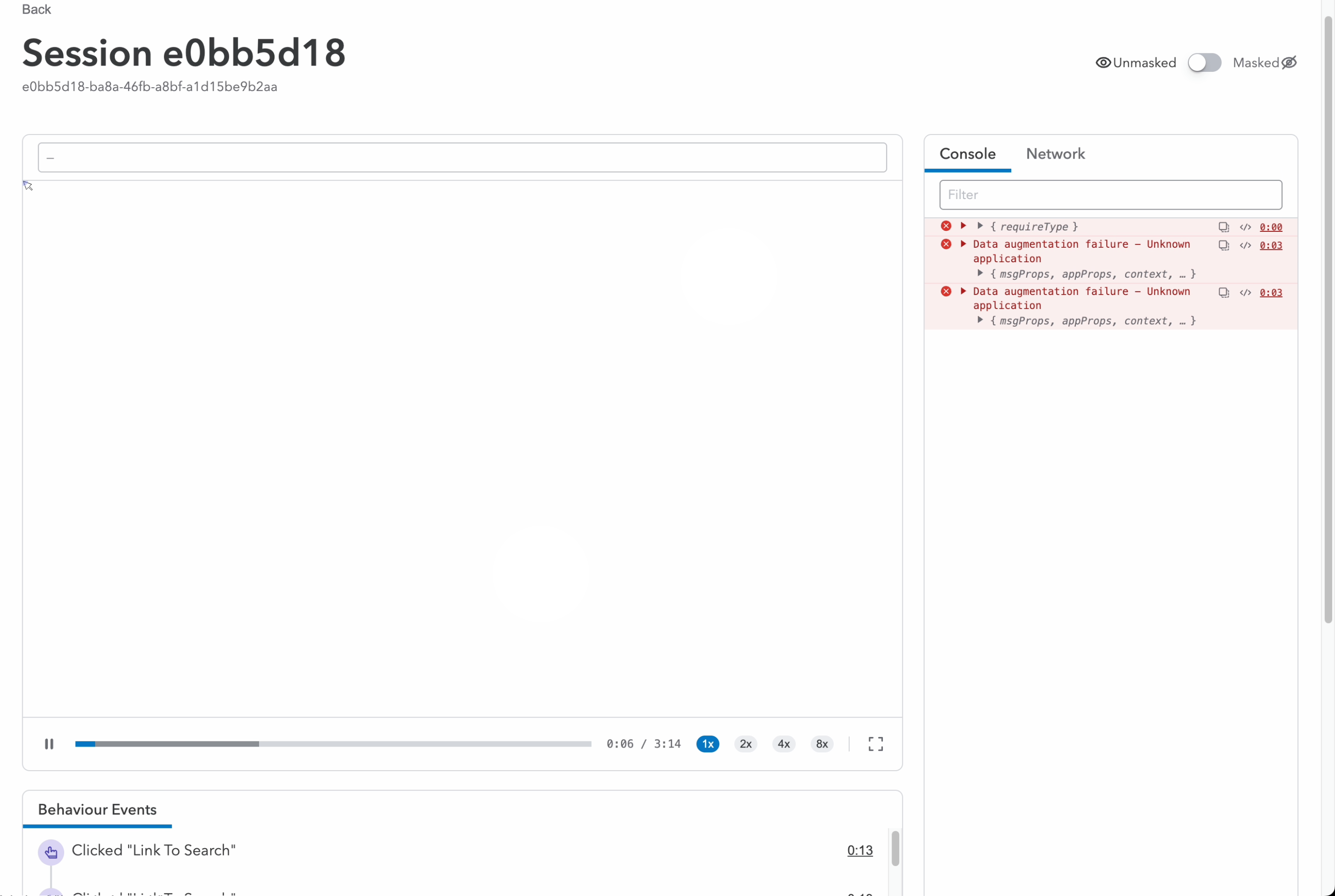 The session view before. The replay sits alone on the left with no camera or document content loaded. On the right, separate Console and Network tabs show error entries. A Behaviour Events list starts below and is cut off, requiring a scroll to reach it.