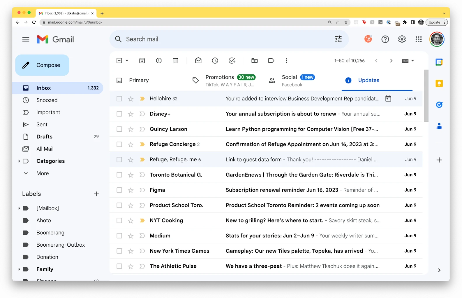 The same Gmail inbox with the interviewer emails collapsed into a single thread.