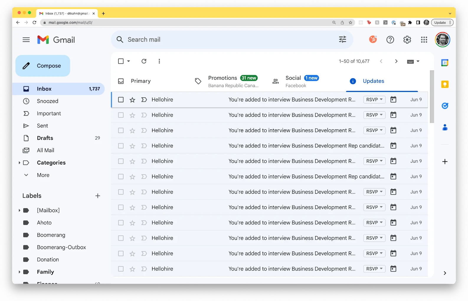 A Gmail inbox filled with separate interviewer notification emails, one per session.
