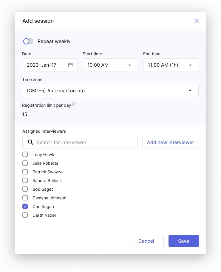 The Add session modal with Repeat weekly off, showing a single date field.