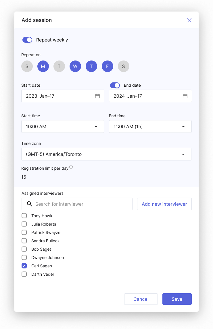The Add session modal with Repeat weekly on, showing a day-of-week picker with Monday, Wednesday, and Friday selected, plus start and end dates.