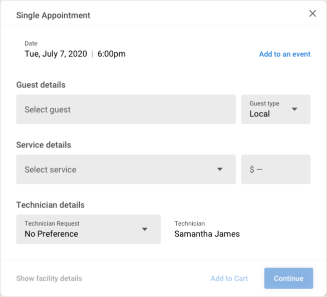 The Add Appointment dialog regrouped into Guest, Service and Technician sections.