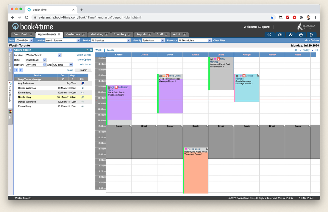 The appointment scheduler before the refresh: dark tabbed chrome and cramped type, with the Central Search panel, technician columns and time grid.