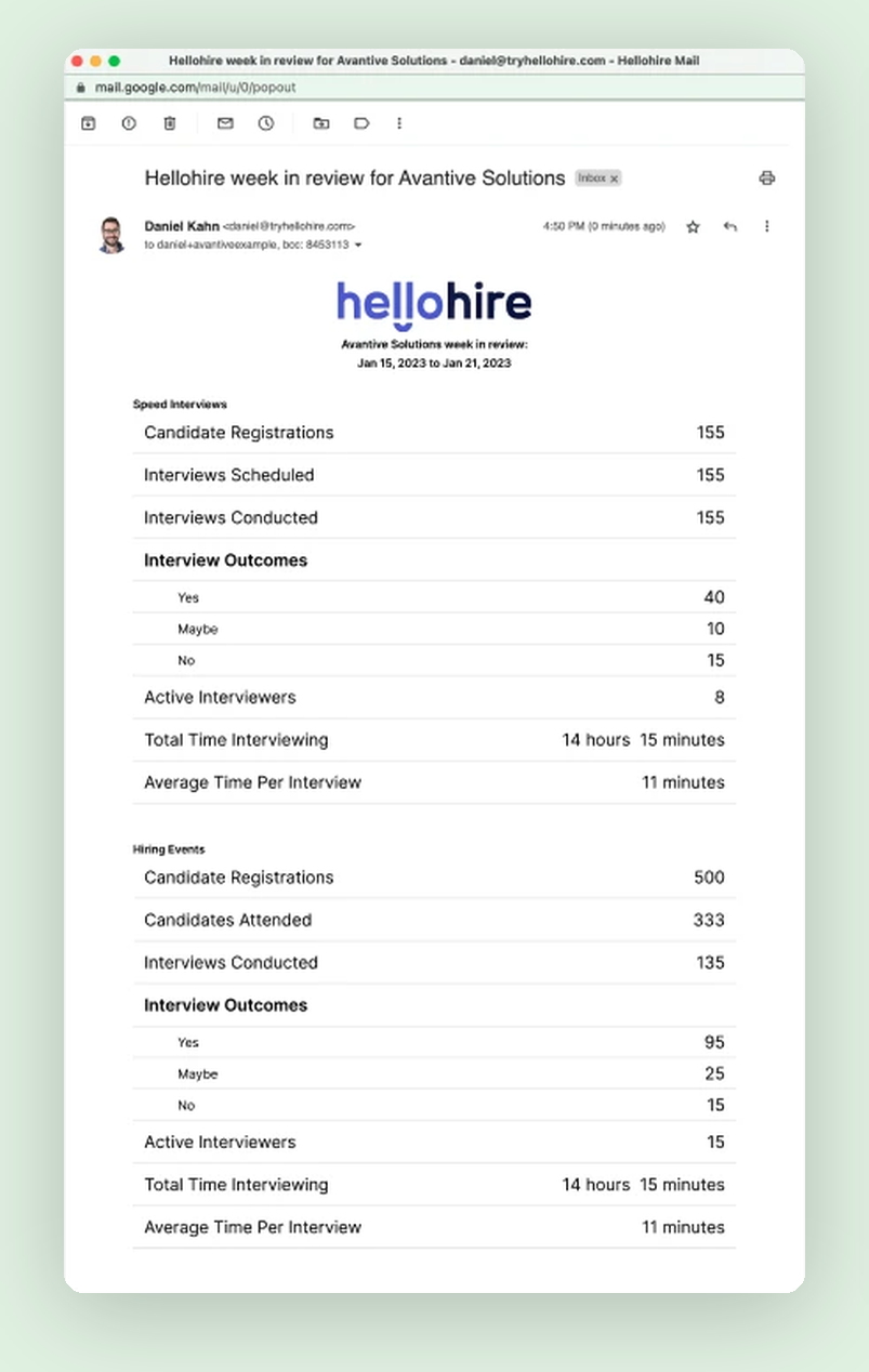 The first version of the weekly Hellohire summary email, reporting recruitment and screening as separate sections.