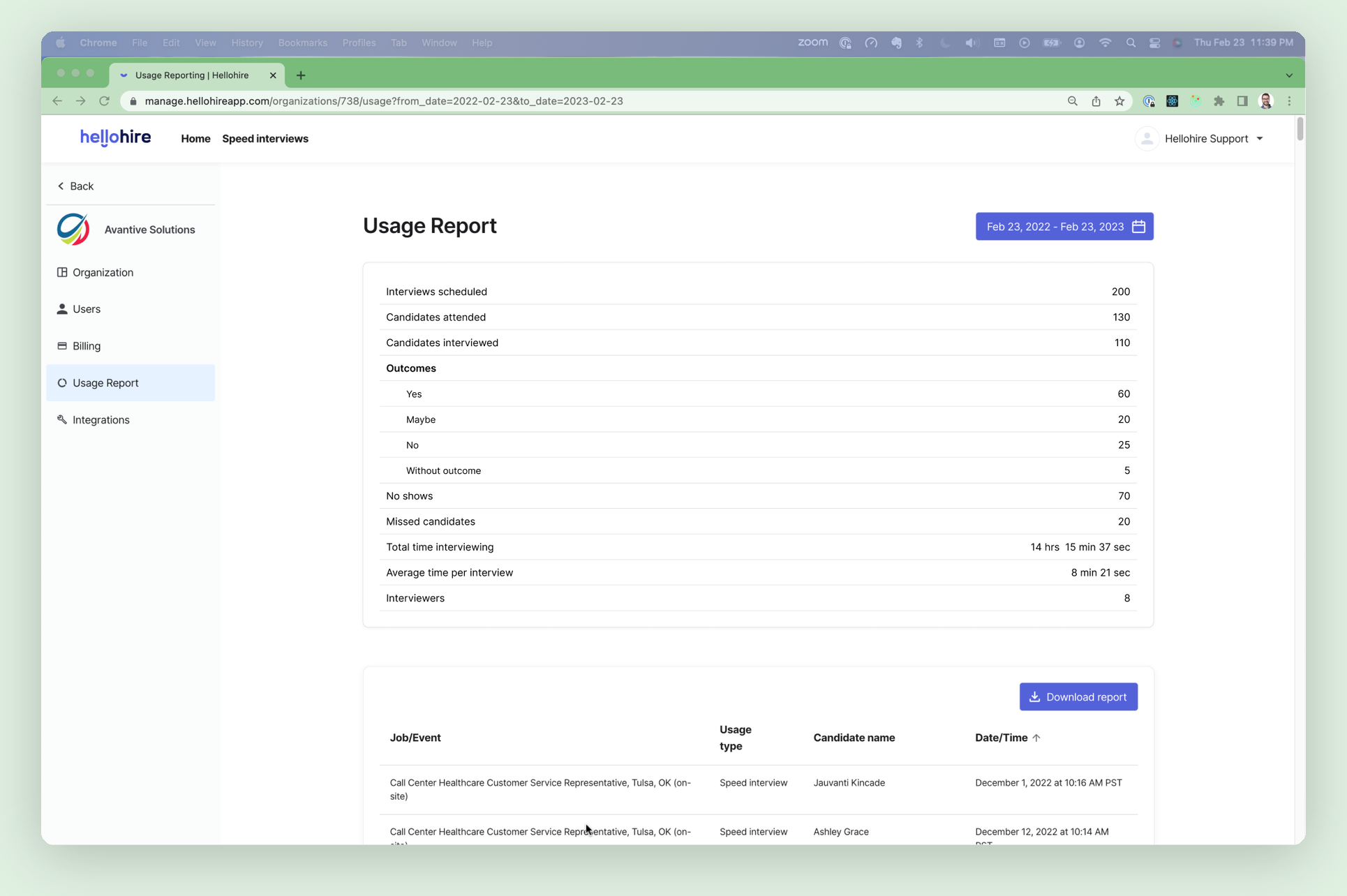 The in-app usage report with a date-range picker, summary metrics, and a downloadable per-interview detail table.